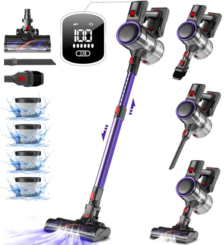 Authmic Akku Staubsauger Kabellos, 45000Pa Kabelloser Staubsauger mit Touchscreen, 50Mins, 1.6L, H13 HEPA, Anti-Tangle-Bürste, für Hartböden/Teppich/Tierhaare, Violett