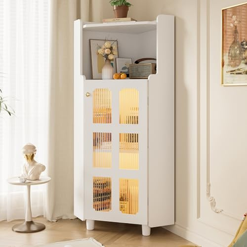 Merax Armoire d'angle de salle de bain avec éclairage LED - Armoire d'angle avec portes en verre - Armoire de rangement en bois autoportant pour salle de bain, cuisine, salon - 63,5 x 124 cm - Blanc