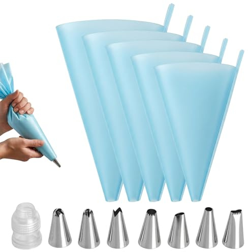 JYYWTSI 5 stycken silikonspritpåsar med 7 spritstyllset rostfritt stål återanvändbar professionell spritspåse 5 storlekar 30,48 cm (12–18 tum) tårtspruta tillbehör piping påsar för tårtor cupcakes