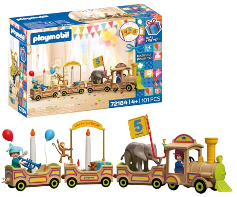 PLAYMOBIL | Tren de cumpleaños | Tren Festivo con Animales, Velas, Pegatinas numéricas y Accesorios | para niños a Partir de 4 años | 72184