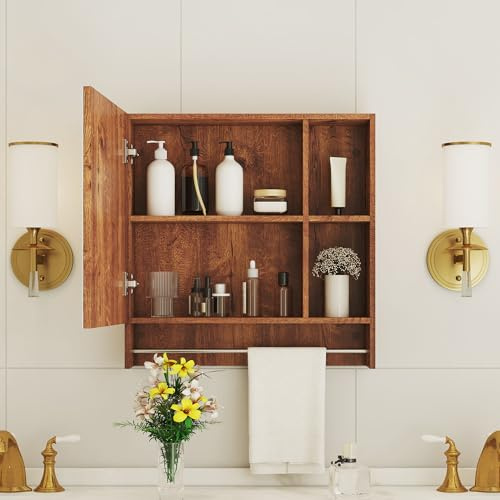 JCFEIDQW 56 cm Hängevitrine, Spiegelschrank Bad, Badezimmer Spiegelschrank, Hängeschrank Küche, aus MDF, mit Spiegel & Ablagefächern, für Badezimmer, Küchen, Esszimmer (Walnuss)