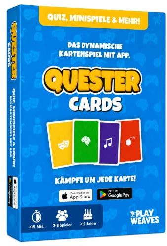 Quester Cards - Lustiges Kartenspiel mit App - Gesellschaftsspiel für Erwachsene & Jugendliche - Quiz Partyspiel Wissensspiel Familienspiel Geschenk Sommer - ab 12 Jahren - 2 bis 8 Spieler