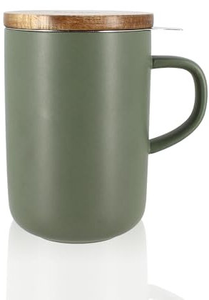 OGO LIVING - Tetera Juliet 475 ml - Ideal para té y té - Taza de té de gres y tapa de madera de acacia - Verde almendra - 7912013