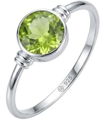 mantraroma Peridot Ring Damen 925 Silber – runder Edelstein Ring facettiert Ø 7 mm, minimalistischer Damenschmuck modern schlicht elegant