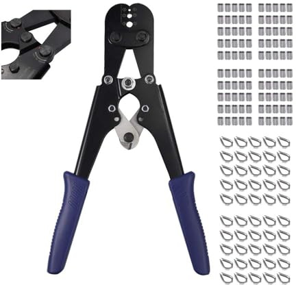 CAMWAY Pince à Sertir 2 en 1 Sertisseuse et Coupeur de Câble Métallique Cosses a Sertir avec 100Pcs 1/8  Aluminium à Sertir Manchon à Sertir et 50Pcs M3 Câble de Cosse en Acier Inoxydable