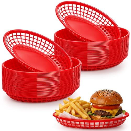 Lawei 50 Stück Servierkörbe Brotkorb Plastikkörbchen für Pommes Grillfest Picknicks BBQ Servierkörbchen - Rot, 14 x 22,5 x 3,8 cm