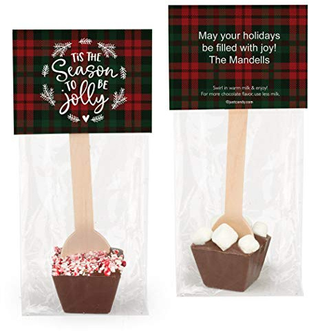 Hot Chocolate Spoons Personalized Christmas Plaid Gourmet Milk Chocolate Favors (12 Pack) - Happy Holidays