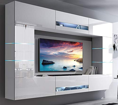 Furnitech Ensemble Meuble TV Mural Suspendu Salon – Meuble Salon Design Moderne avec colonnes, vitrines et rangements – Mobilier avec éclairage LED Blanc – (Future 63/HG/W/2 1B | 273 cm)