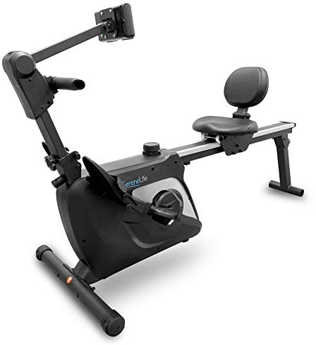 SereneLife 2-in-1 Rowing Machine & Bike - 8 Magnetic Resistance Levels, 264lbs Capacity - Foldable & Portable Cardio Fitness Trainer with LCD Monitor - Promotes Weight Loss, Strength, Stamina Building