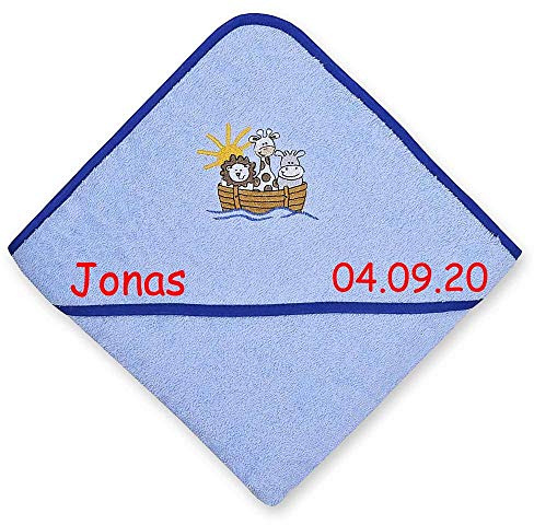 Kapuzenhandtuch mit Namen bestickt 80x80 cm Handtuch Baby Geschenk zur Geburt Badehandtuch, Wörner Stick:Arche sky