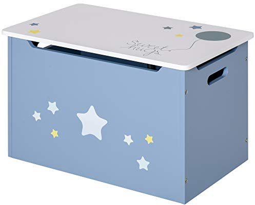 HOMCOM Cassapanca Baule Portagiochi in Legno Blu e Bianco, Panca per Cameretta Bambini 55 x 34 x 35.5 cm