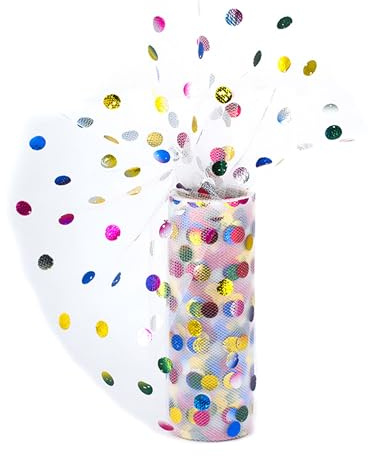 Tüll Stoff Rolle 15cm x 9m mit bunten Punkten - FARBAUSWAHL - Feintüll transparent farbecht & waschbar - Dekostoff für Kindergeburtstag - Tüllstoff zum Basteln von Tütü Kostümen - Weiß 029