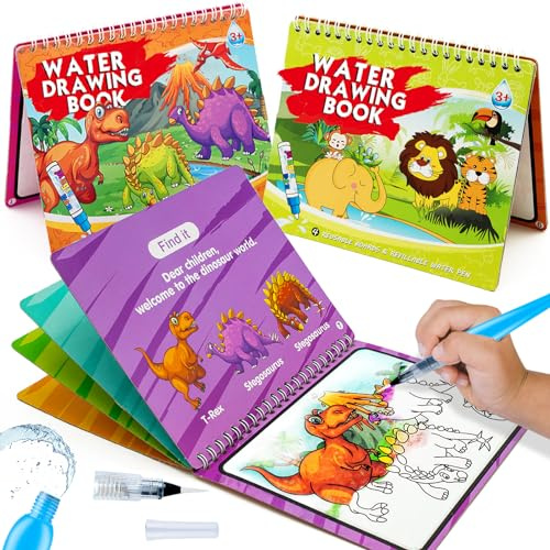 hapray 2 Pack Water Coloring Dino Animal Mess-Free 3+ | Reusable pen included. Great for travel, no paint. Boosts fine motor skills and creativity.