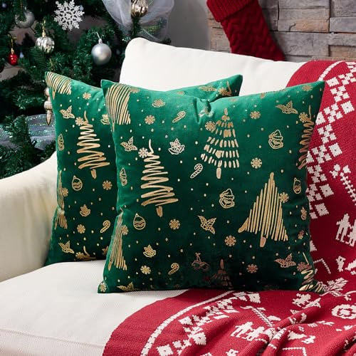 Topfinel Kissenbezug 40x40 Weihnachten Grün 2er Set Samt Kissenbezüge Kissenhülle Deko für Dekokissen Sofakissen Couchkissen Weihnachtsdeko Geschenk Wohnzimmer Schlafzimmer