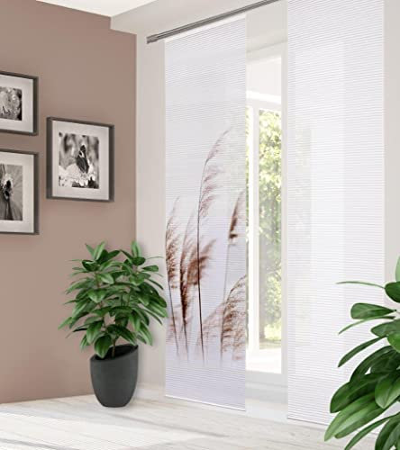 HOME in green 84102 | PAMILO Schiebegardine aus recyceltem Polyester 245x60, Farbe:Natur, Größe:245 x 60 cm, Anzahl:5er-Set (3X Motiv. 2X Uni)