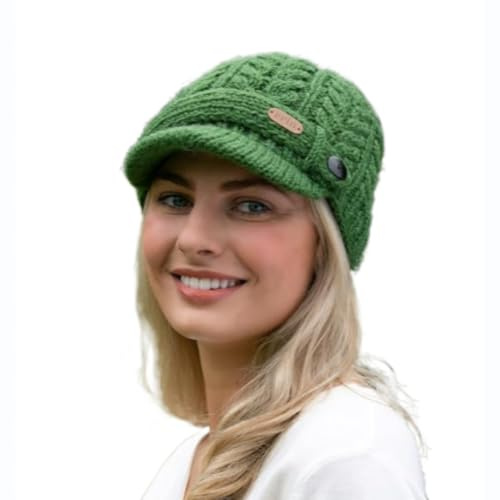Erin Knitwear Green Cable Knit Wool Peak Cap, One Size