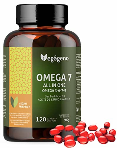 OMEGA 7 VEGAGENO – Olio di olivello spinoso con Omega 3 6 7 9 e vitamina E naturale. 120 capsule liquide vegetali. Con acido palmitoleico (Omega 7). Non OGM. Senza glutine. Prodotto vegano.