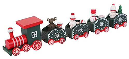 SIQITECH Weihnachtszug Dekoration Weihnachtszug mit 4 Wohnwagen Weihnachten Mini Holzzug Kleiner Zug Ornament Jungen Mädchen Holzzug Modell Miniatur Weihnachtszug für Fenster Tischdekoration