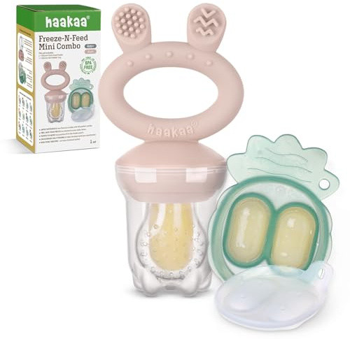 Haakaa Bebé Comedero de Frutas & Combo de mini bandejas, Moldes para Paletas de Leche Materna, Alimentador de Silicona Libre de BPA para la Auto Alimentación Segura del Bebé, 4 Meses+ -Colorete