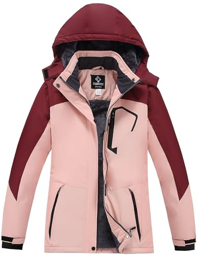 CorBuyit Women's Mountain Waterproof Ski Jacket with Detachable Hood - Windproof Winter Coat for Snow and Rain, Pink Red M