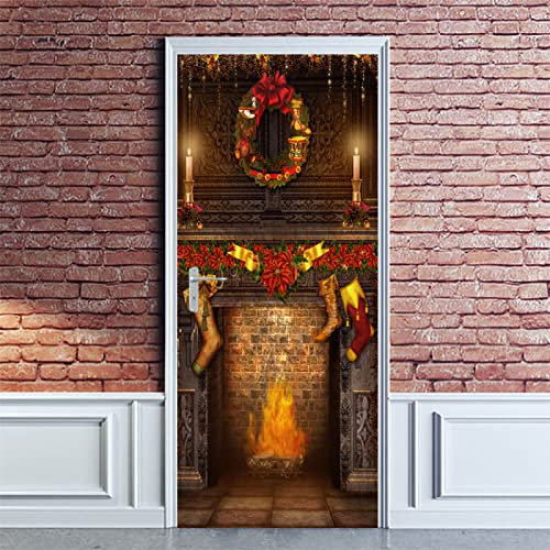3D Door Art Christmas Fireplace Ideas 90X200Cm Removable Door Decals, PVC Self-Adhesive Waterproof Door Murals, Door Stickers for Interior, Bedroom Living Room Bathroom Kitchen House Decoration