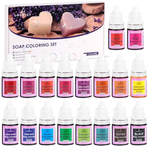 LUCPICT Set di 18 Colori per Sapone - Sicuri per Produzione di Sapone, Bombe da Bagno, Saponi Fatti a Mano, Melma, Argilla e Artigianato - Colore Liquido