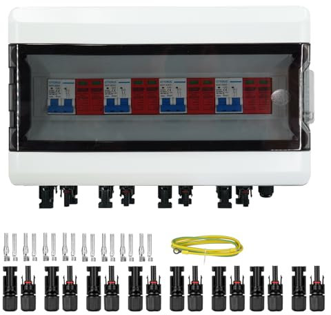 GTYORUS Boîte Photovoltaïque,DC überspannungsschutz PV Solar Trennschalter mit Solarstecker 4 String 500V Photovoltaik DC Leitungsschutzschalter Blitzschutz Erdung für PV Anlage(4 in 4 out,40A)