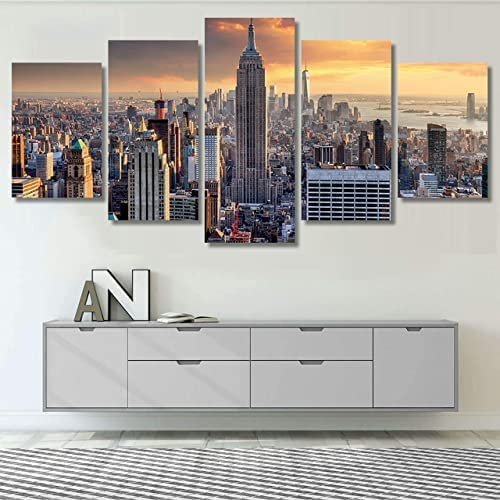 5 Teilig Leinwandbilder Kunstdrucke Gemälde 5 Teilig Leinwand Skyline-Landschaft Von New York (Xxl/Ohne Rahmen 200 X 100 Cm) Leinwand Wohnzimmer Dekoration Modular Gedruckte Leinwanddrucke -0A9L+T3A