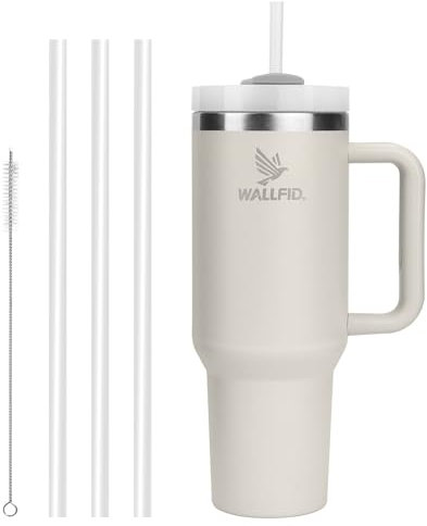 WALLFID Tumbler da 40oz in Acciaio Inossidabile a Isolamento Sottovuoto, con Coperchio, 3 Cannucce e 1 Spazzolino per Cannucce, Perfetto per Bevande Calde/Fredde, Ideale per Caffè（latte bianco）