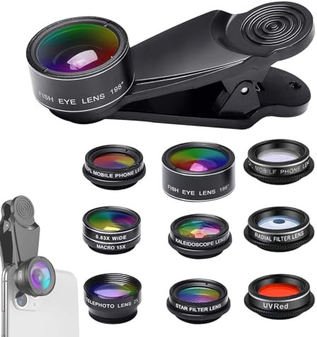 Gomice 10 In 1 Phone Camera Lens Kit, Telephoto, Wide Angle, Macro, Fisheye, CPL Filter, Glass, Metal, Plastic with Clip Mechanism, Black, White