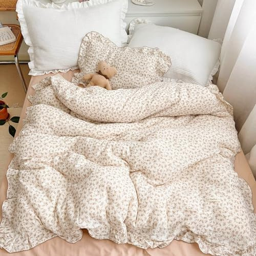 BuLuTu Soft Cotton Muslin Duvet Cover Girls Kids Floral Duvet Cover Beige Crib Bedding Comforter Cover Quilt Cover, 47x59, Camellia Print (Pillowcases Not Included)