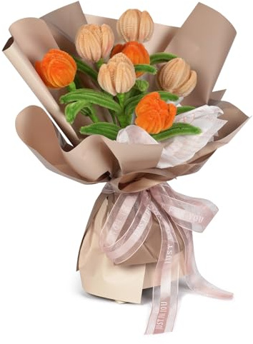 BOFRHME Tulpe Blumenstrauß Pfeifenreiniger Set mit 3 Farben（Orange, Hellgelb,grün), Chenilledraht 30cm Pfeifenputzerdraht Biegeplüsch für Bunt Chenilledraht Biegeplüsch Blumenstrauß zum Basteln