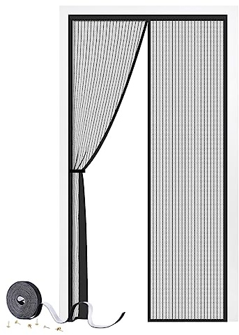 Magnetic Door Screen, SMALUCK Heavy Duty Fly Door Screen Mesh with Powerful Magnets, Durable Mesh Curtains Keeps Bugs Out, Frame Hook & Loop, Kid and Pet Friendly (80 x 200 cm, Black)