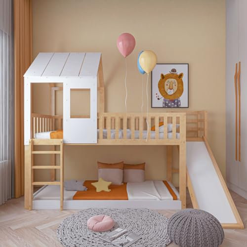 Kinderbett Etagenbett 90x200 cm, Hausbett mit Rutsche, Baumhaus Bett mit Dach und Fenster für 2 Kinder, Spielbett Stockbett Jugendbett mit Rausfallschutz und Lattenrost, Natur & Weiß, Ohne Matratze