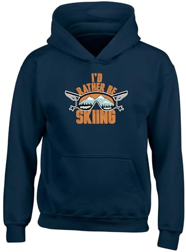 Shopagift I'd Rather be Skiing Kids Hoodie Ski Goggles Mountains Snow Hoody Hooded Top Boys Girls Navy Blue