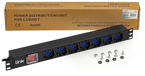 LINK multipresa da rack 19 LK10084 con 7 prese universali e interruttore, spina italiana 16A, cavo 3 m, metallo, alette reversibili, capacità 3,5KW, dimensioni 4,5x48x9,5 cm, 20 unità