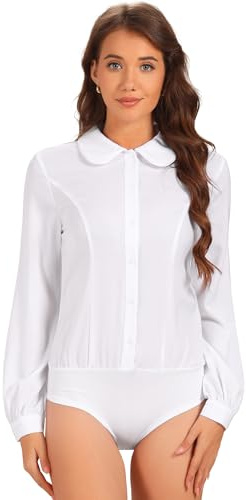Allegra K Women's Peter Pan Collar Shirt Long Sleeve Business Work Tops Button Up Bodysuit Medium White