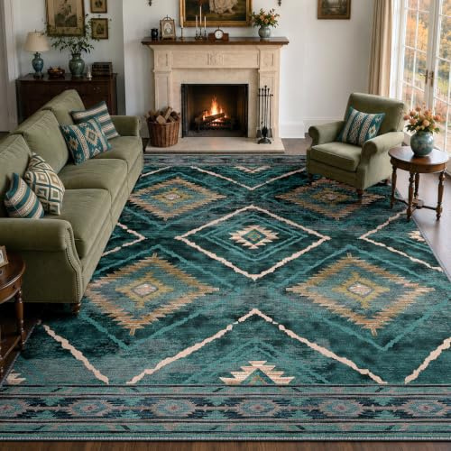 DEFYNEE Teppich Wohnzimmer 240 x 300 cm, Waschbar Teppiche Groß, Petrolgrün | Vintage Wohnzimmerteppich, waschbarer, OEKO, Retro, Rutschfest Kurzflor Weich für Schlafzimmer, Esszimmer, Küche, Büro