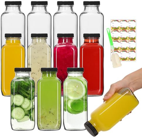AuroTrends 12 oz Glass Bottles with Lids 12Pack, 360ml Glass Bottles for Juicing, Water, Kombucha - Portable Glass Juicing Bottles Reusable Glass 12oz (12fl.oz, Set of 12)