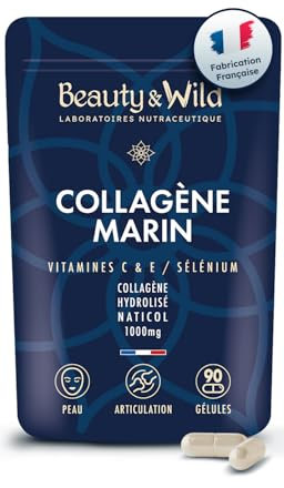 Collagène Marin, complément alimentaire de peptides de collagène Marin + Vitamine C + Vitamine E + Sélénium, Naticol type 1 et 3, 2000Da, haute absorption, Made in France, 90 gélules