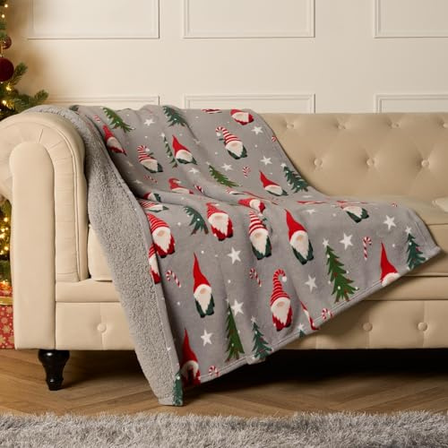 OHS Christmas Blanket Grey Sofa Throws, Super Soft Warm Winter Christmas Gonk Sherpa Fleece Blanket for Bed Christmas Decorations Fluffy Sherpa Reversible Single Bed Throw, 125 x 150cm