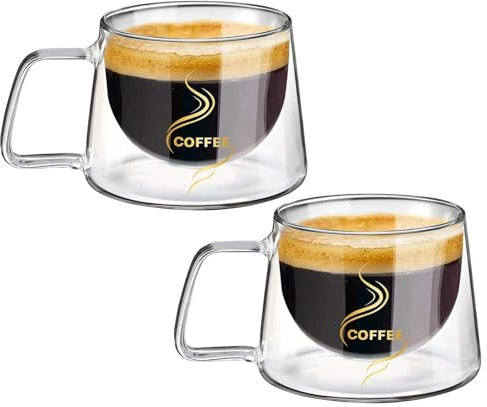 Prismoria Doppelwandige Kaffeegläser 200ml 2er Set, Doppelwandiges Kaffeeglas Tassen, Kaffeetassen Glas Doppelwandig, Isolierte Latte-Gläser, Cappuccino-Latte-Macchiato-Gläser, Hitzebeständig