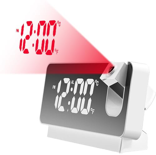 LUPATDY Projektionswecker,Wecker mit Projektion 180°,Wecker Digital mit Großem LED-Display,Wecker Analog Ohne Ticken mit Temperatur Datum,Digital Wecker für Schlafzimme(Weiß)