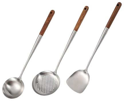 Cabilock 3piezas Colador De Cocina Espátulas De Acero Inoxidable Cuchara Ranurada Utensilios De Cocina Para Servir Wok Chino Colador De Malla Fina Espátula Para Wok Cucharón Para Cocinar