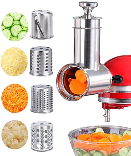 FavorKit Salatbereiter-Aufsatz aus Edelstahl für KitchenAid-Mixer, großer Hobel, Zerkleinerer und Käsereibe, Zubehör mit 4 Klingen, spülmaschinenfest