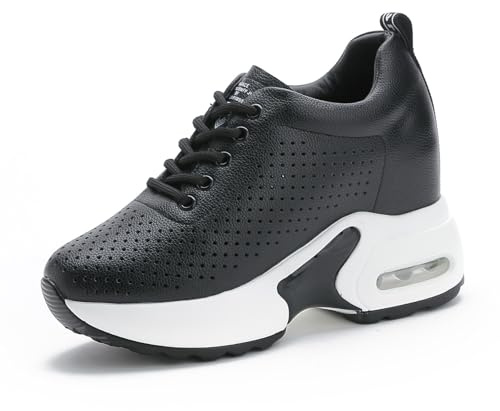 MIXSEN Baskets Mode Compensées Montante Sneakers Tennis 10CM Chaussures de Course Air Sport Respirantes Fitness Gym Plateforme Talon(Noir-Maille,39EU)