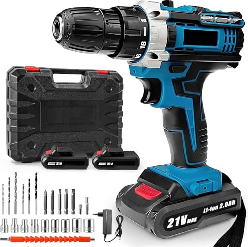 Perceuse Visseuse Sans Fil 21V, Visseuse Devisseuse Sans Fil avec 2 Batteries, 18+3 Réglages de Couple, 32Nm Percussion, 2 Vitesses, 24 Accessoires, LED Light, pour la Bricolage