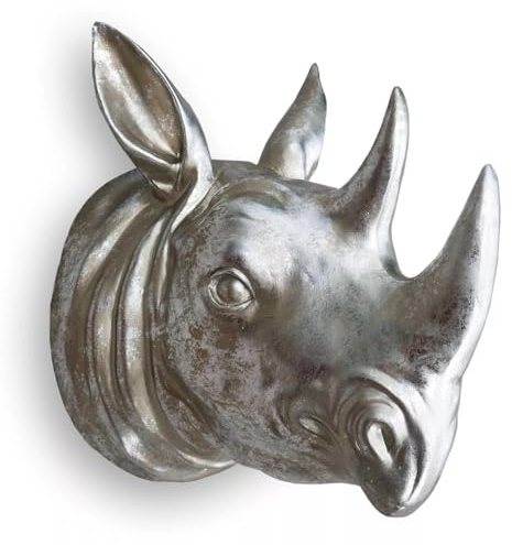 Rhino Head Wall Mount Sculpture, Horned Hanging Rhinoceros Animal Head Ornament Figure Art Décor Resin with Vintage Grey Finish, Wildlife Indoor Outdoor Decorative Accessories (Grey Rhino)