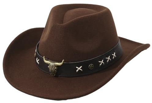 Boarle Vintage Western Cowboy Hut mit Leder Bull Head Band Wolle Filz Breite Krempe Stilvolle Cowboy Hut für Männer und Frauen Elegante Atmungsaktive Sonnenschutz Durable Cowboy Zubehör Retro Design