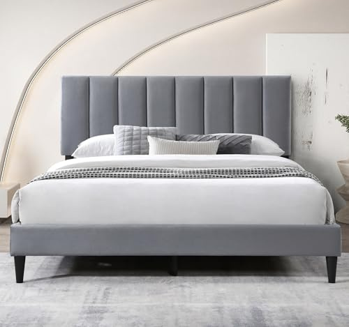 Home Collective Bett 140x200 cm Polsterbett mit Lattenrost Bettgestell Doppelbett mit weichem Bezug und gepolstertem Kopfteil mit vertikaler Steppung Robustes Gestell hoher Liegekomfort Grau 140x200